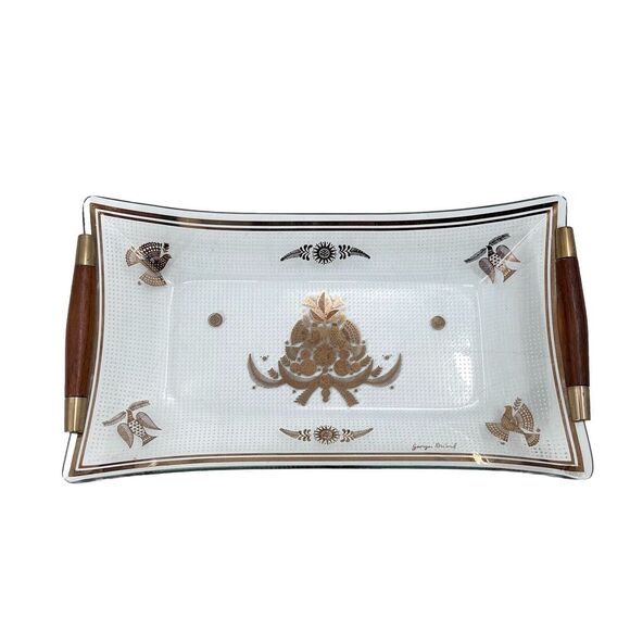 Vintage MCM Georges Briard Art Glass Rectangle Serving Tray Wood Handles - Picture 1 of 7